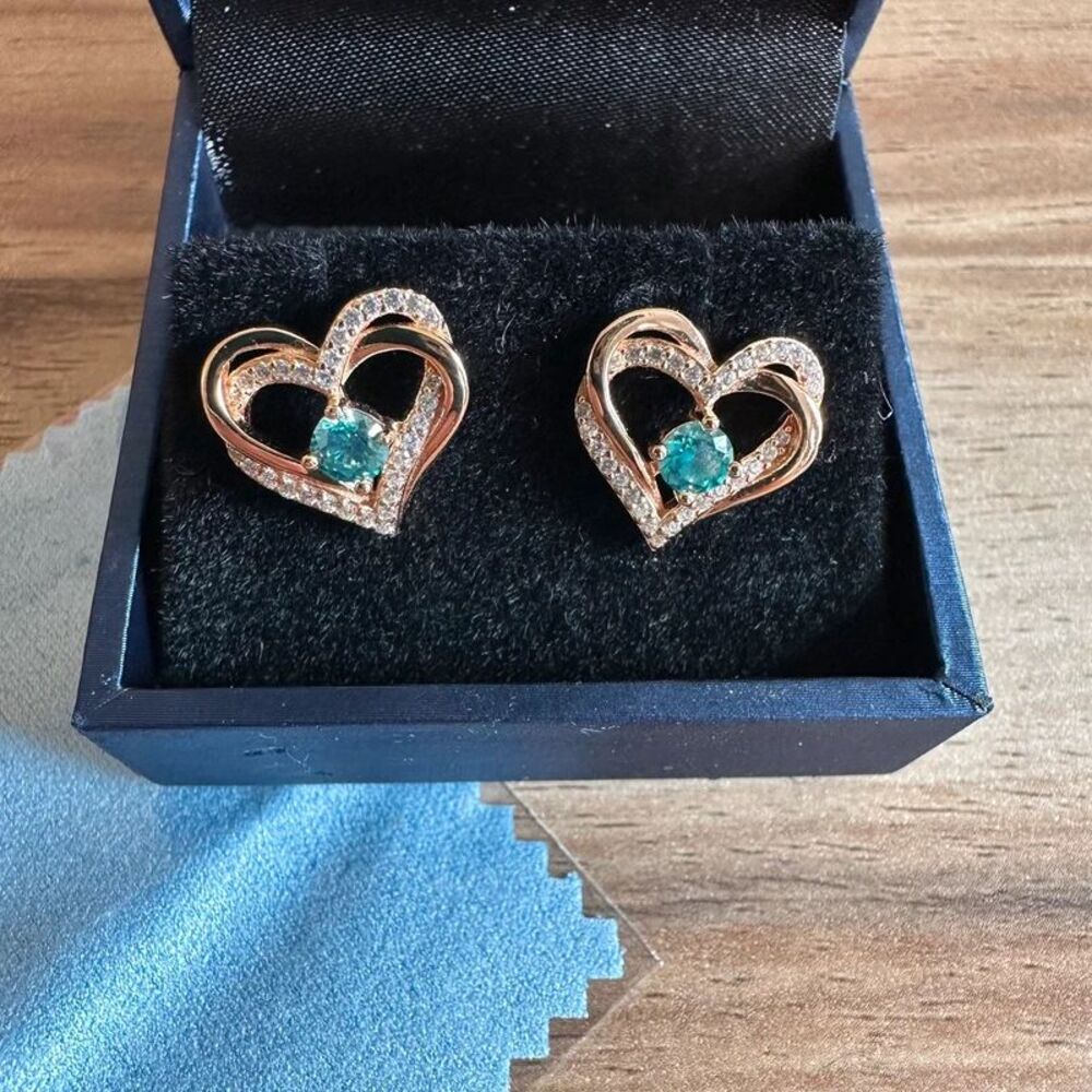 S925 Sterling Silver Heart Stud Earrings Blue Stone CZ Rose Gold Tone